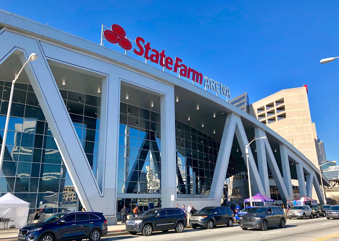 Exterior of State Farm Arena with its angled white steel columns