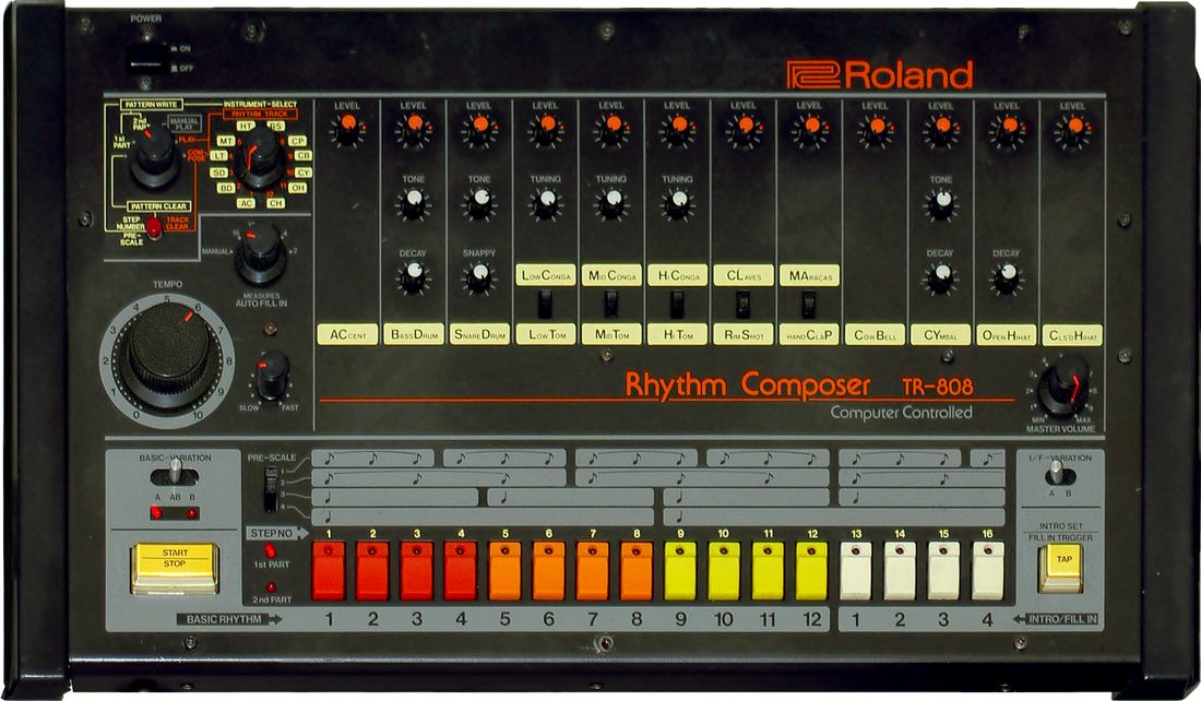 A Roland TR-808 Rhythm Composer drum machine with its row of colored step buttons